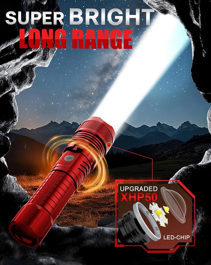 Victoper Red LED Flashlights, High Powered High Lumens Super Bright Tactical Flashlight, Rechargeable, 5 Modes Zoomable Waterproof Flash Lights for Emergency, Outdoor, Home, Camping, Hiking