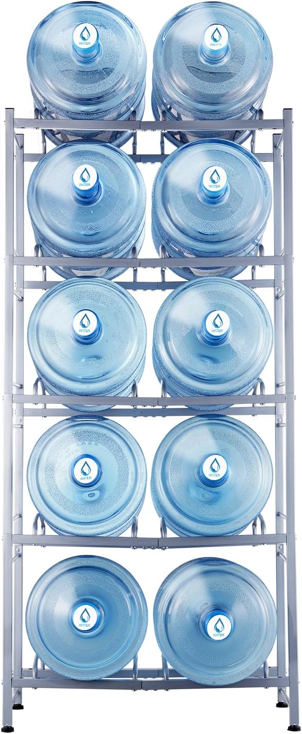 VEVOR 5 Gallon Water Jug Holder, 5 Tiers Double Row Heavy Duty Water Bottle Rack with 10 Slots, Detachable Water Jug Stand for Kitchen, Office, Living Room- Silver