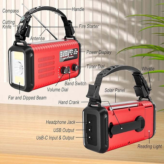20000mAh/74000mWh Emergency Hand Crank Radio, NOAA Weather Radio with Am Fm NOAA, Solar Battery Operated Radios with Flashlight Cell Phone Charger, SOS Alarm, Compass &Reading lamp (Red)