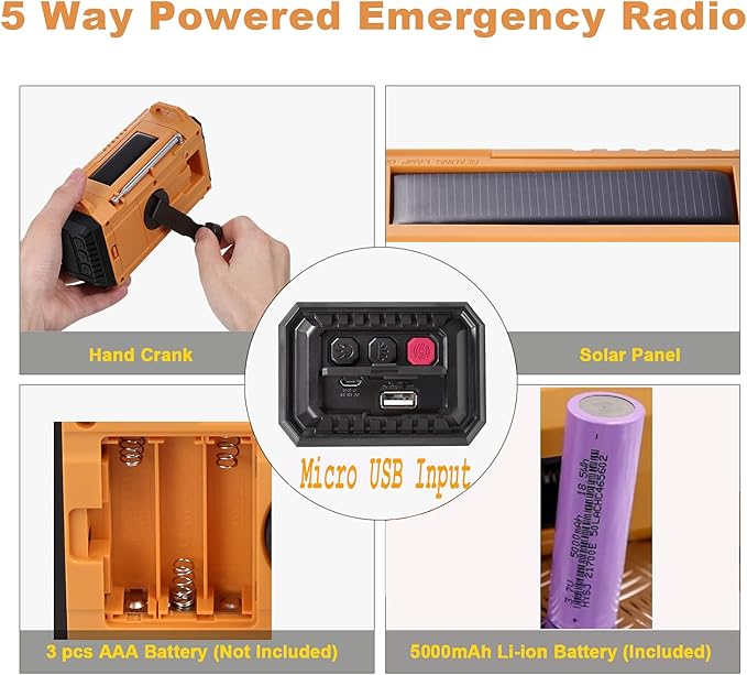 5000 Weather Radio,Solar Hand Crank 5-Way Power Emergency Radio,AM/FM/Shortwave/NOAA Alert Survival Portable Radio,Power Bank USB Charger,Camping Flashlight,Reading Lamp,Headphone Jack,SOS,Compass