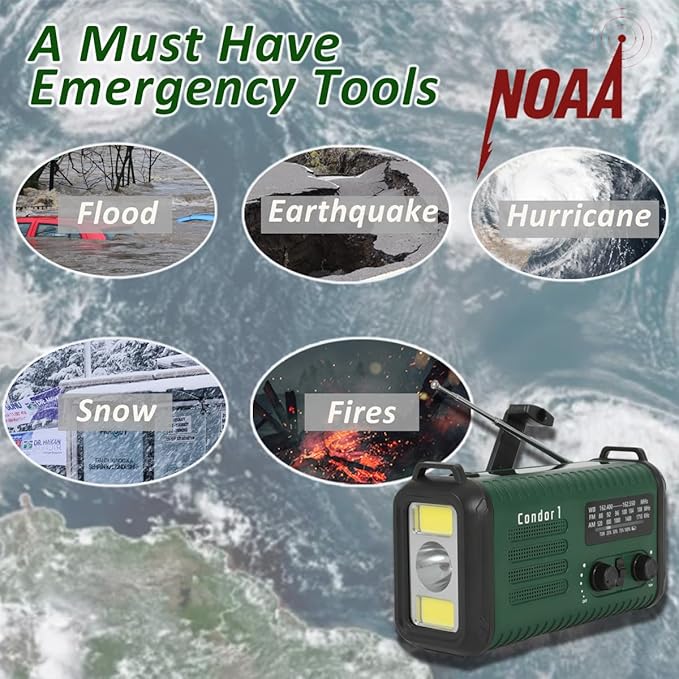 20000mAh/74000mWh Emergency Hand Crank Radio, NOAA Weather Radio with Am Fm NOAA, Solar Battery Operated Radios with Flashlight Cell Phone Charger, SOS Alarm, Compass &Reading lamp
