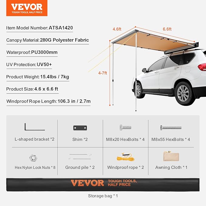 VEVOR Vehicle Awning 4.6'x6.6' Roof Rack Pull-Out Sun Shade UV50+ PU3000mm, Retractable Weatherproof 4x4 Side Awning for SUV Outdoor Camping & Overland (Hardware Included), w/Waterproof Storage Bag