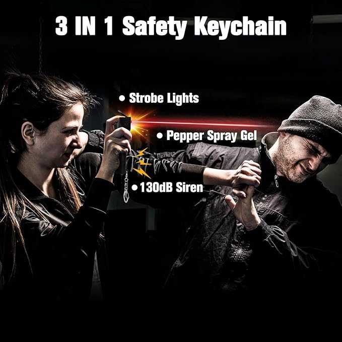 3-in-1 Personal Safety Alarm for Women Self Defence Keychain with Pepper Spray Function, Defense Key Chain, Gel Canister Refillable, Extra Loud Siren, Strobe Lights, Travel Emergency Safe Protection