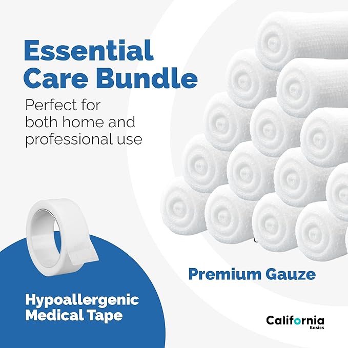 California Basics 12-Pack Gauze Bandage Roll with Tape, 2 Inches x 4 Yards - Soft, Stretchable & Breathable Wrap for Wound Care, First Aid & Medical Supplies - White