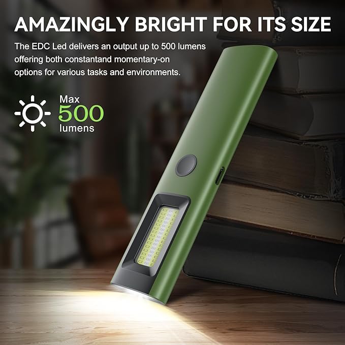 3IN1 EDC Pocket LED Flat Flashlight, USB-C Rechargeable 500 Lumens Compact Bright Handheld Flash Lights, Aluminum Alloy Material with Magnet for Hiking Work and Emergency (Green)