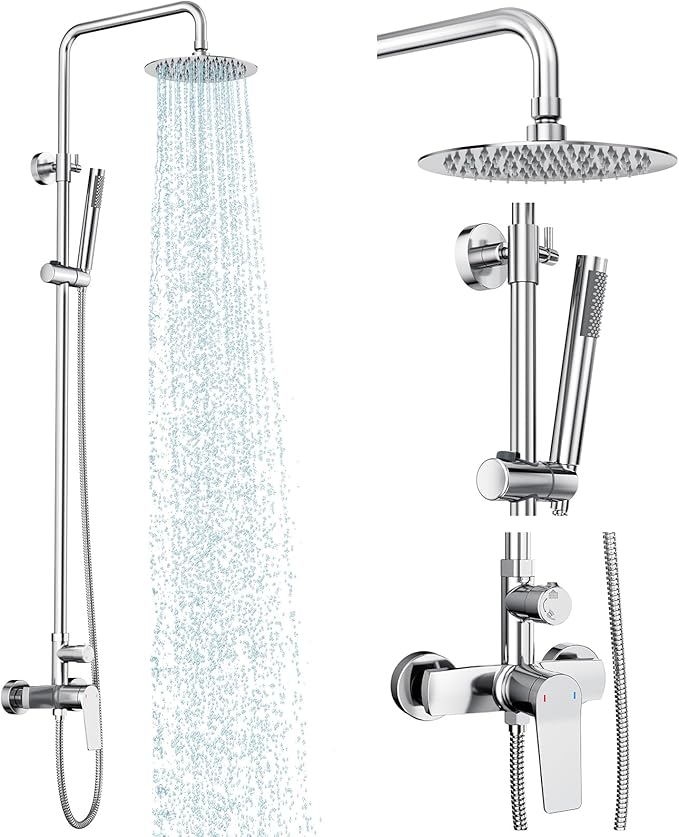 Rainsworth Outdoor Shower Kit Chrom - Single Handle Brass Valve, 8 Inch Rain Shower Head and Handheld Spray Shower Fixture Combo, SUS 304 Stainless Steel Wall-Mounted Faucet