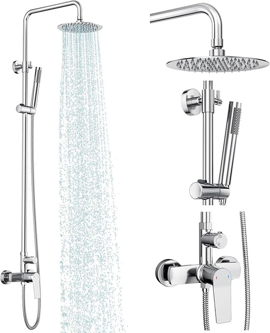 Rainsworth Outdoor Shower Kit Chrom - Single Handle Brass Valve, 8 Inch Rain Shower Head and Handheld Spray Shower Fixture Combo, SUS 304 Stainless Steel Wall-Mounted Faucet