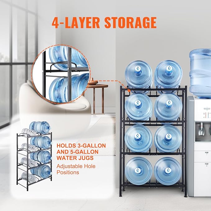 VEVOR 5 Gallon Water Jug Holder, 4 Tiers Double Row Heavy Duty Water Bottle Rack with 8 Slots, Detachable Water Jug Stand for Kitchen, Office, Living Room- Black
