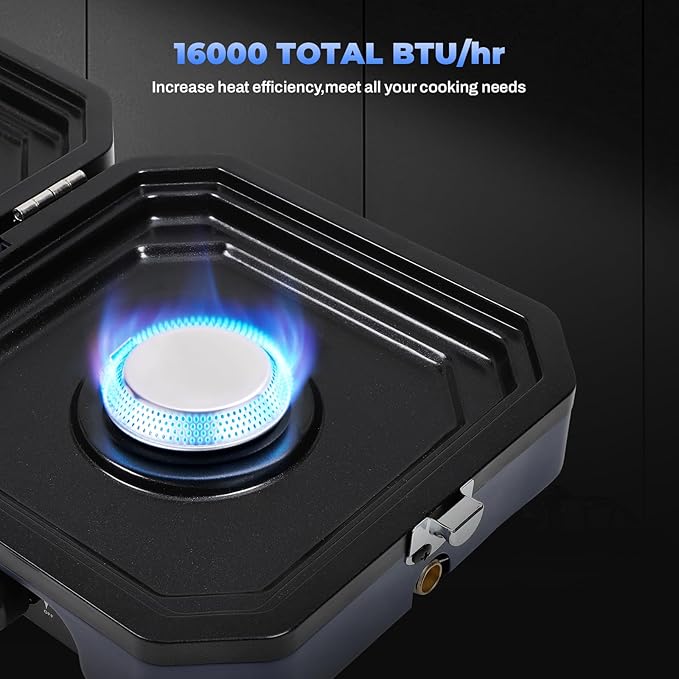 Adjustable 2-Burner Portable Stove with 16000 BTU, with Camping Grill and Carrying Bag, Portable Propane Camp Stove with 2 Burners & Piezo Ignition for Camping, Backyard BBQ,Tailgating (Black)