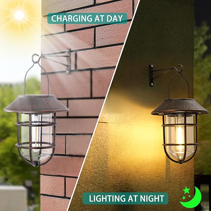 Upgrade Hanging Solar Outdoor Lights With Wall Mount Kit - Waterproof Lanterns for Garden, Patio, Porch, Fence Decor - 2 Pack, Bronze