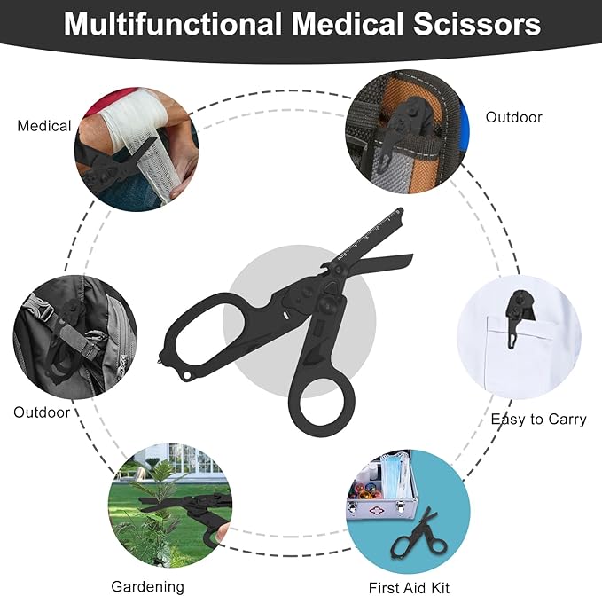 6 in 1 Multifunctional Combination Tool, Folding Retractable Emergency Shears, Outdoor Camping Tools, Seat Belt Cutter, Oxygen Cylinder Wrench, Complimentary Adjustable Wrench (Electroplating black)