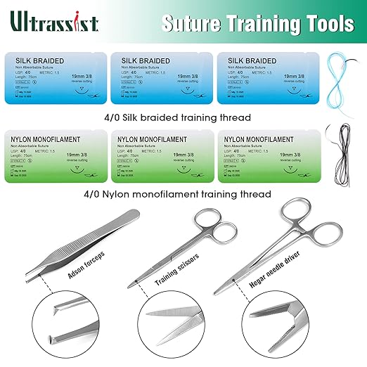 Ultrassist Suture Practice Kit for Medical and Vet Students, Starter Suture Kit Including Durable Silicone Pad, Suturing Tools, for Suture Curriculum Practice (Education Use Only)