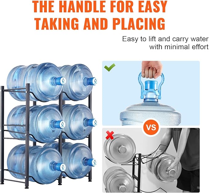 VEVOR 5 Gallon Water Jug Holder, 3 Tiers Double Row Heavy Duty Water Bottle Rack with 6 Slots, Detachable Water Jug Stand for Kitchen, Office, Living Room- Black