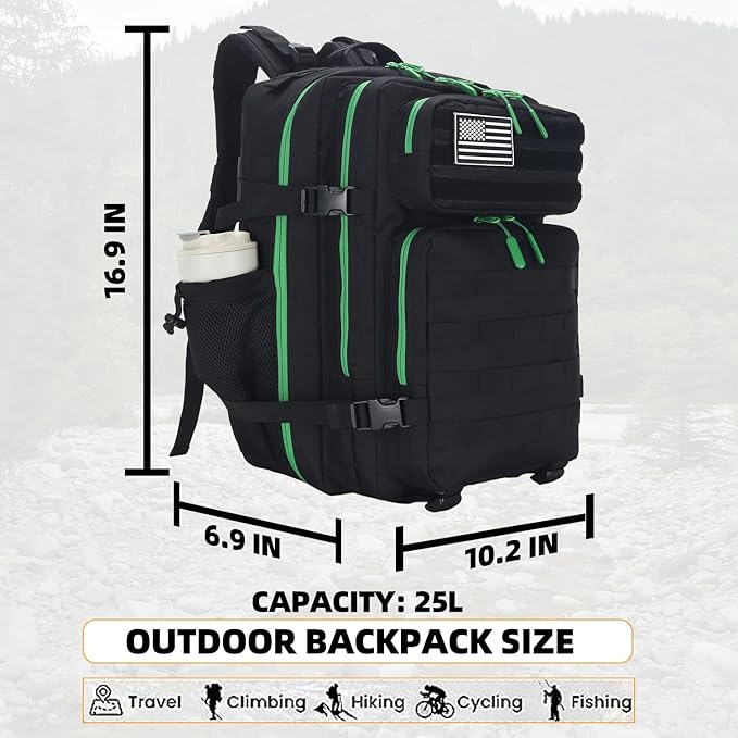 25L Tactical Military Backpack Small Travel Rucksack for Men and Women Assault Pack Bug Out Bag Molle Daypack Gym Backpack with Bottle Holder (Black Neon Green)