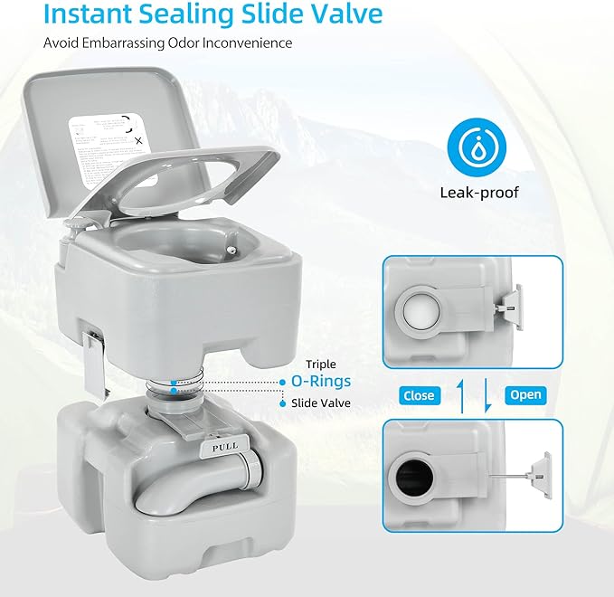 YITAHOME 5.3 Gallon Portable Travel Toilet RV Potty Upgrade Double Outlet Water Spout Handle Flush Pump Detachable Water Tank with Drag Wheel for Camping Boating Hiking Trips