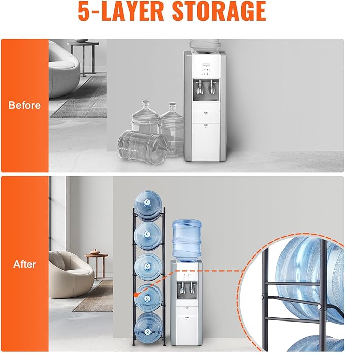 VEVOR 5 Tiers Water Jug Holder, 5 Gallon Water Bottle Holder, Single Row Water Bottle Rack for 5 Bottles, Heavy Duty Water Jug Rack for Kitchen, Office, Living Room, Black