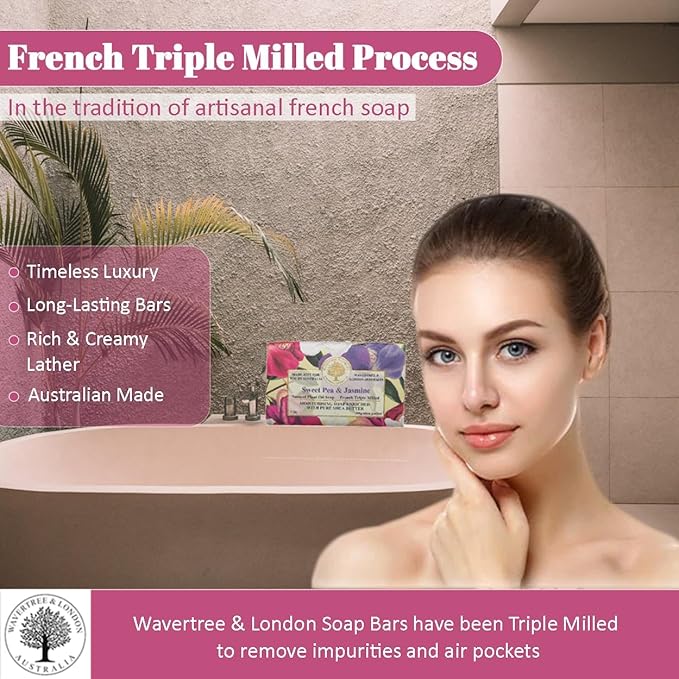 Wavertree & London Sweet Pea & Jasmine Scented Natural Soap (2 Bars), 7oz Moisturizing French Triple Milled Soap Bars enriched with shea butter - Pure Plant Based Bath & Body Bars for All Skin Types
