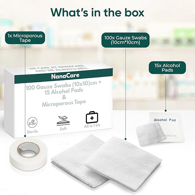 100 pc Large Gauze Pads 4x4 Sterile for Wounds Bulk | Includes 15 Alcohol Wipes & 1 Medical Tape | Non Stick Gauze Pads Sponges | Breathable Mesh First Aid Medical Supplies for Wound Care
