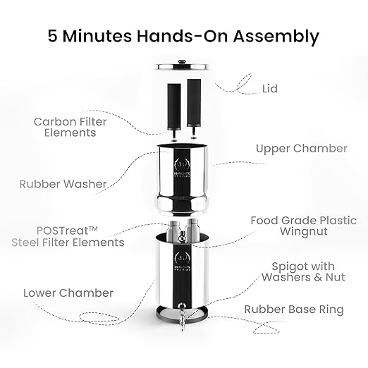 2.25 Gallons NSF Certified AISI 304 Stainless Steel Water Filter with 2 Smart Carbon (Black) Filters, 2 POSTreat Steel Fluoride Removal Elements, Free Water Spigot & Teak Wood Stand