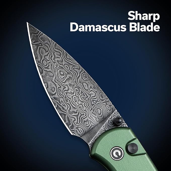 CIVIVI Pocket Folding Knife- Button Lock Knife with Thumb Stud Opener for EDC, 2.98" Damascus Blade Aluminum Handle, Qubit Utility Knife for Men Women Gift C20030E-DS1