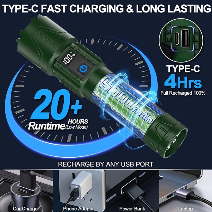 Rechargeable Flashlights High Lumens - Super Bright LED Tactical Flash Light, Powerful Waterproof Handheld USB C Flashlight for Camping,Emergencies,Home,5 Modes,Zoomable (1, Green)