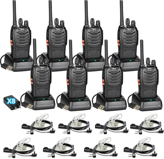 TIDRADIO TD-V2 Walkie Talkies Long Range Rechargeable Two Way Radios with Secret Service Earpiece, 16CH Portable Durable, Frequency Copy, Flashlight VOX Walky Talky for Business Family - Black, 8 Pack