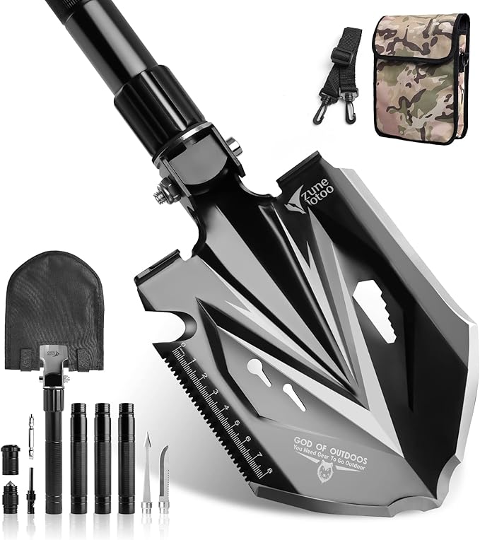 Zune Lotoo Tactical Shovel Survival Tool, 18 in 1 Small Camping Shovel Folding Multitool Compact Entrenching Tool Heavy Duty for Hiking Backpack Emergency Spade Lightweight Car Truck Gift Survivalist