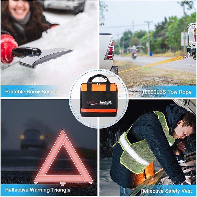 Vetoos Car Roadside Emergency Kit with Jumper Cables, Auto Vehicle Safety Road Side Assistance Kits, Winter Car Kit Essentials for Women and Men, with Portable Air Compressor, Folding Survival Shovel