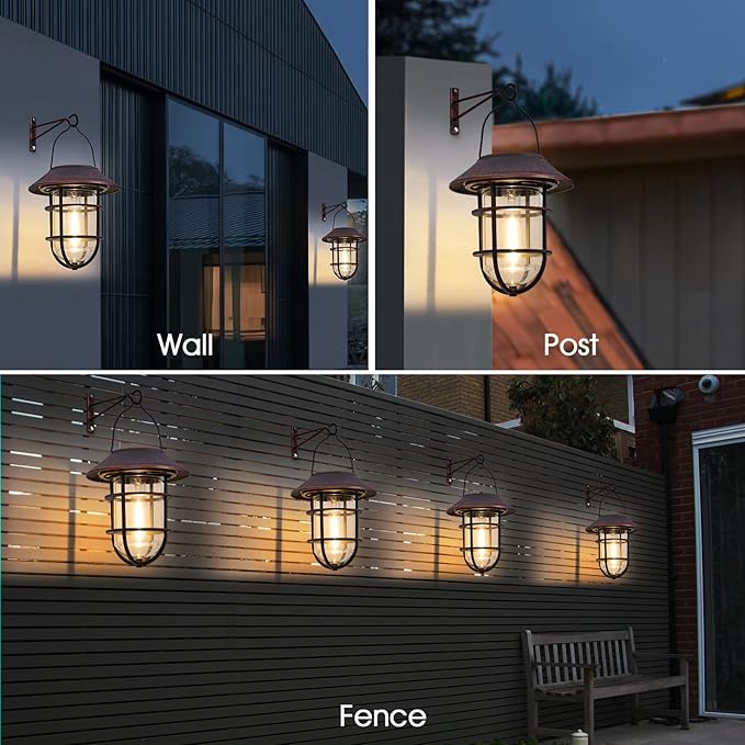 Upgrade Hanging Solar Outdoor Lights With Wall Mount Kit - Waterproof Lanterns for Garden, Patio, Porch, Fence Decor - 2 Pack, Bronze
