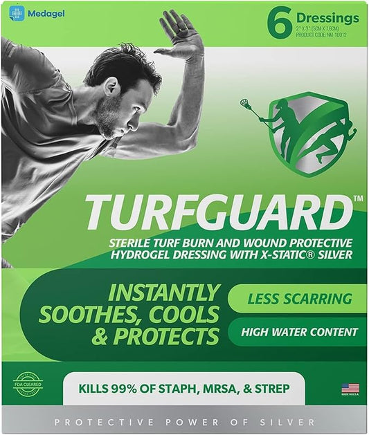 TURFGUARD Hydrogel Turf Burn Dressing with X-Static Silver – Cooling Relief, FDA Cleared, Antimicrobial Protection, & Moist Healing Patch for Burns & Wounds, 2" x 3" Dressings, 6 Pack, by Medagel