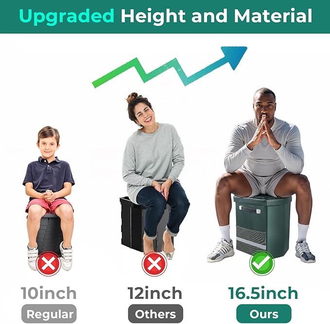 2025 Upgraded 16.5'' XL Portable Toilet for Adults,Tall Camping Toilet with Lid and Convenient Carry Bag, Portable Potty for Camping, Hiking, Car Travel,Truck, RV, Boating, Road Trips, Beach (Green)