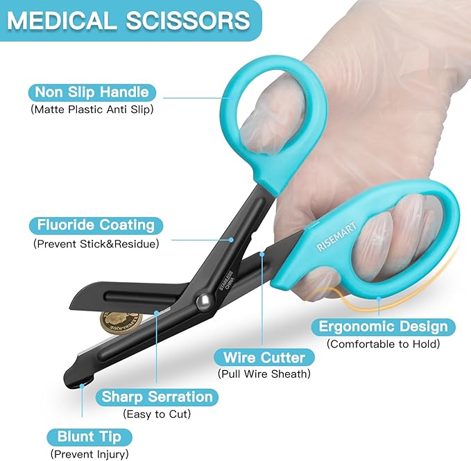 Trauma Shears - RISEMART Medical Scissors Bandage Scissors for Nurses, 7.5" Fluoride Coated Non-stick Blades Stainless Steel Nursing scissors for Doctor, Nurses, Nursing Students, EMS Black+Blue