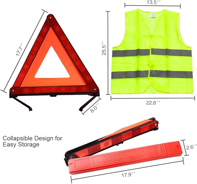 XOOL Emergency Warning Triangle Kit – Roadside Safety Kit with Reflective Warning Triangles, High-Visibility Safety Vests, Storage Bag & Gloves for Car Breakdowns & Emergencies