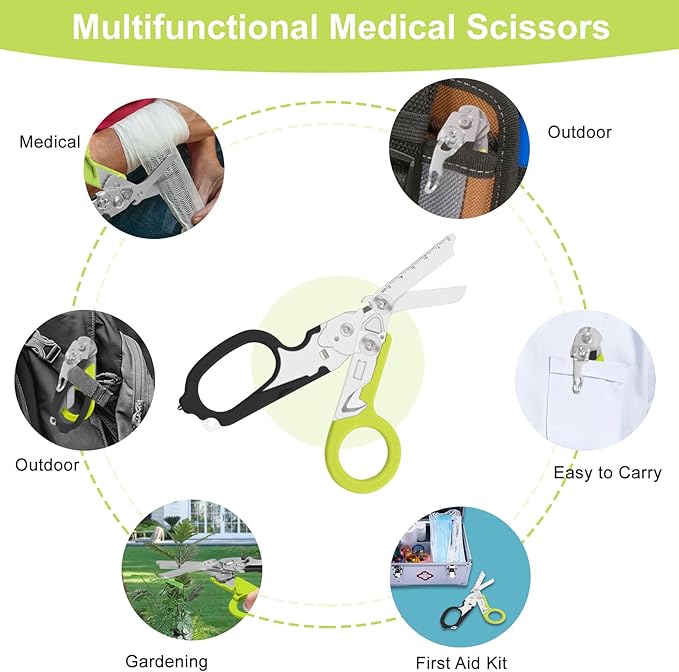 6 in 1 Multifunctional Combination Tool, Folding Retractable Emergency Shears, Outdoor Camping Tools, Seat Belt Cutter, Oxygen Cylinder Wrench, Complimentary Adjustable Wrench (dark green)