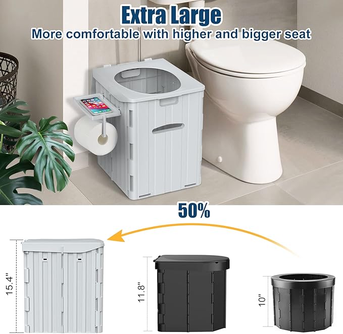 XL Portable Toilet for Adults, 15.4" H Foldable Camping Toilet with Detachable Phone Shelf and Toilet Paper Holder, Waterproof Porta Potty with Lid for Hiking, Long Road Trips, Car
