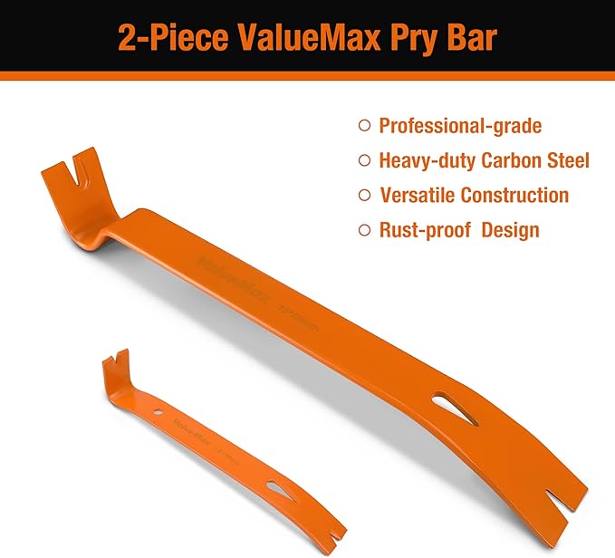 ValueMax 2-piece Flat Pry Bar Set, Includes 7-1/2” Mini Pry Bar, 15” Heavy Duty Nail Puller, Claw Bar, Wonder Bar, Corrosion Resistant Carbon Steel Made, for Kitchen Remodel, Prying Apart Boards
