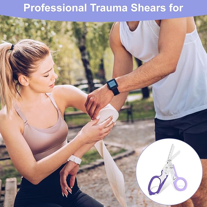 6-in-1 Heavy-Duty Emergency,trauma shears, Folding Retractable Emergency Shears, Outdoor Camping Tools, Seat Belt Cutter, Oxygen Cylinder Wrench, Complimentary Adjustable Wrench (Purple)