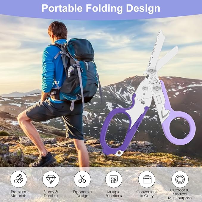 6-in-1 Heavy-Duty Emergency,trauma shears, Folding Retractable Emergency Shears, Outdoor Camping Tools, Seat Belt Cutter, Oxygen Cylinder Wrench, Complimentary Adjustable Wrench (Purple)