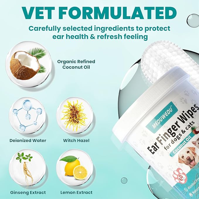 Wider Ear Cleaner Finger Wipes 60 Counts, Dog Ear Cleaner, Grooming Kit Care for Dogs and Cats,Otic Cleaning Pads, Remove Wax, Dirt & Stop Smelly, Itchy, Non-Irritating, Unscented