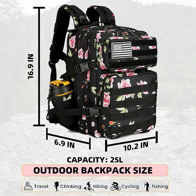 25L Tactical Military Backpack Small Travel Rucksack for Men and Women Assault Pack Bug Out Bag Molle Daypack Gym Backpack with Bottle Holder (Peony)