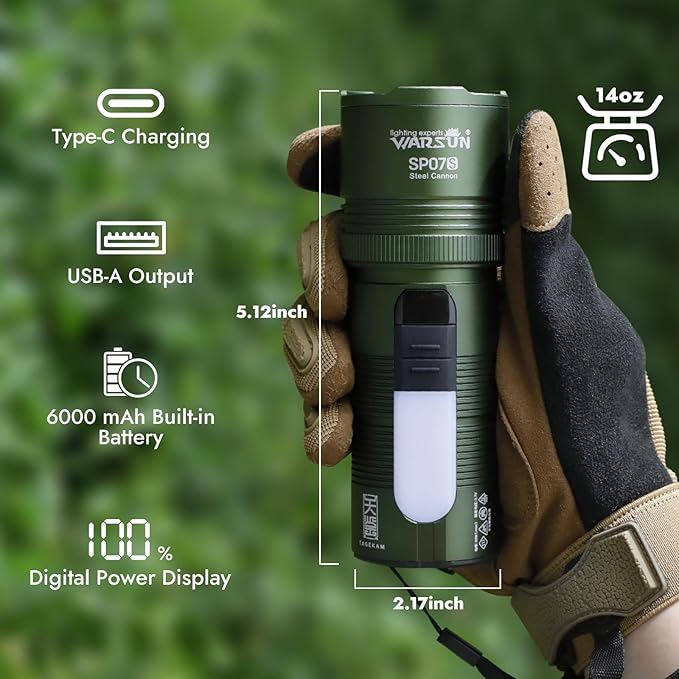 WARSUN SP07S Rechargeable LED Flashlight High Lumens – 2800 Lumens Zoomable Spotlight, Warm Side Light, 7 Modes Including Cool White, Warm, Red, 6000mAh Battery, Power Display, for Camping