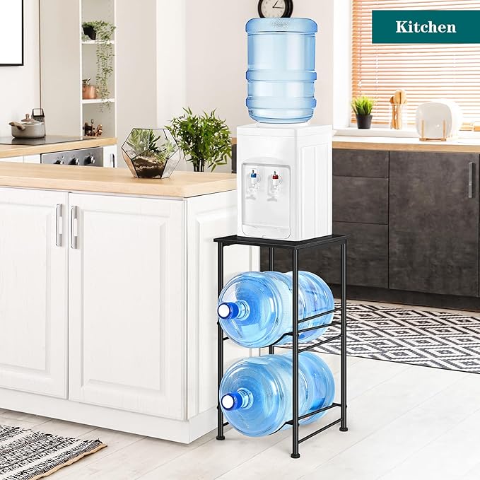 Water Bottle Holder 5 Gallon Water Jug Holder with Storage Shelf, 2 Tier Black Water Bottle Rack Stand with 2 Slots for Small Space, Kitchen, Home Office, Living Room