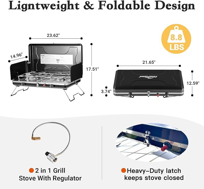 Camping Stove, 2 Burners Portable Propane camp Stove with Regulator, Integrated Igniter & Stainless Steel Drip Tray & Built-in Handle & Foldable Legs for Outdoor Cooking and Travel-20000 BTU