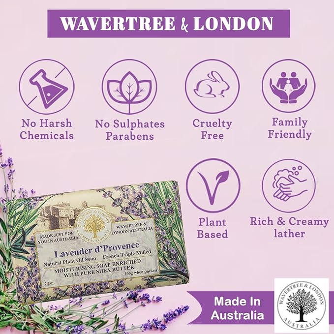 Wavertree & London Lavender Scented Natural Soap Bars (Pack of 2), 7oz Moisturizing French Triple Milled Soap Bars enriched with shea butter - Pure Plant Oil Bath & Body Bar for All Skin Types