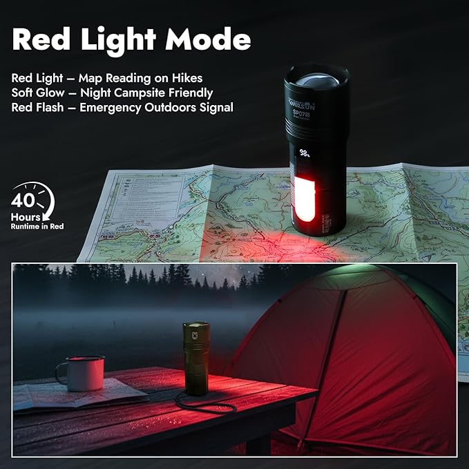 WARSUN SP07S Rechargeable LED Flashlight High Lumens – 2800 Lumens Zoomable Spotlight, Warm Side Light, 7 Modes Including Cool White, Warm, Red, 6000mAh Battery, Power Display, for Camping