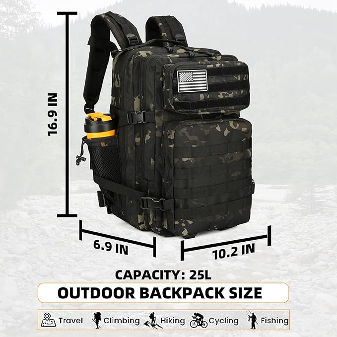 25L Tactical Backpack for Men Women Military Backpack Army Assault Pack Molle Backpack Small Bug Out Bag Travel Rucksack Daypack (Black Camo)