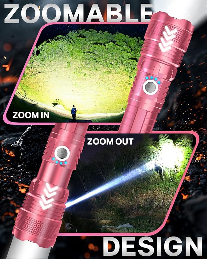 Victoper Pink LED Flashlights, High Powered High Lumens Super Bright Tactical Flashlight, Rechargeable, 5 Modes Zoomable Waterproof Flash Lights for Emergency, Home, Camping, Hiking