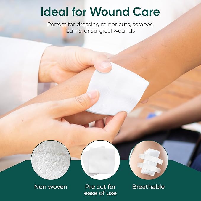 100 pc Large Gauze Pads 4x4 Sterile for Wounds Bulk | Includes 15 Alcohol Wipes & 1 Medical Tape | Non Stick Gauze Pads Sponges | Breathable Mesh First Aid Medical Supplies for Wound Care