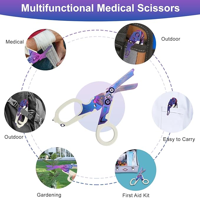 6 in 1 trauma shears, folding emergency shear, Outdoor Camping Tools, Seat Belt Cutter, Oxygen Cylinder Wrench, Complimentary Adjustable Wrench (Luminous Purple)