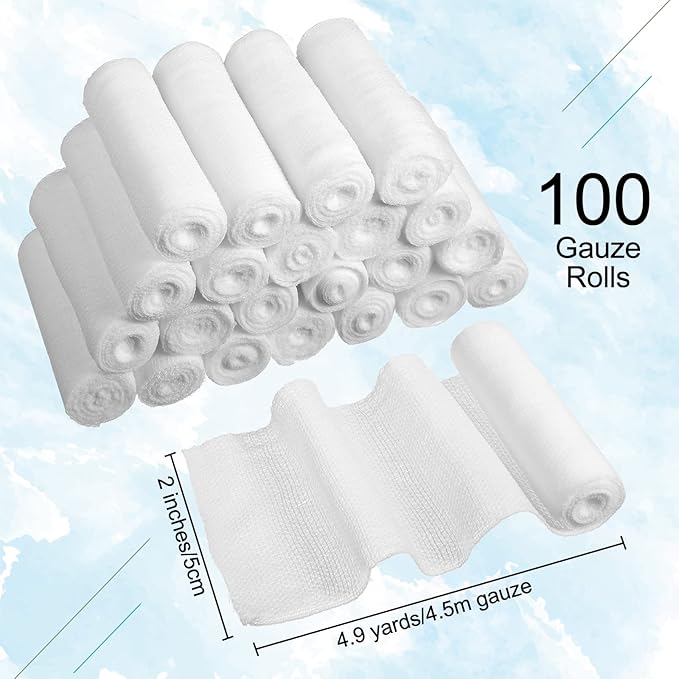 Treela 100 Rolls Gauze Bandage, 2 in x 5 Yards, Elastic Bandages Individual Packaging Sterile Non Latex First Aid Pads Medical Breathable Gauze Roll Wrap for Safety Wound Caring and Supplies